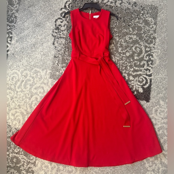 Calvin Klein Dresses & Skirts - Calvin Klein Women's Fit & Flare Belted
A-Line Bright Red Midi Dress Size 2